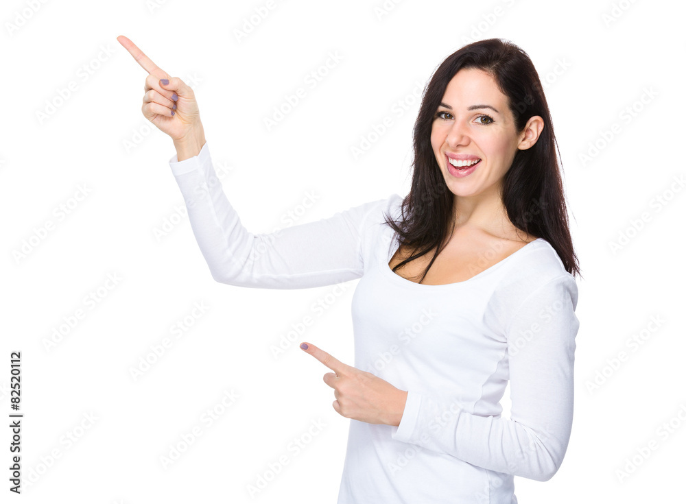 Caucasian woman with finger showing up Caucasian woman with finger showing up