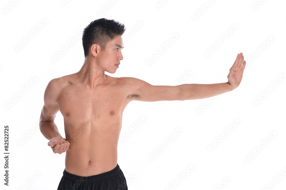 Young sportsman, fitness muscle model guy making bodybuilding exercise isolated on white. Concept of sport, health Young sportsman, fitness muscle model guy making bodybuilding exercise isolated on white. Concept of sport, health
