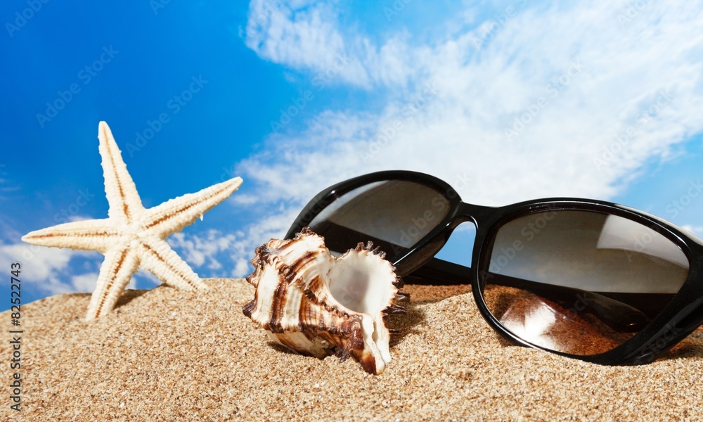 Beaches. Sunglasses and marine life on the beach