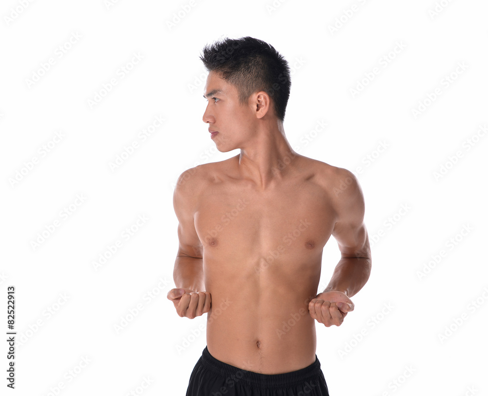 Young sportsman, fitness muscle model guy making bodybuilding exercise isolated on white. Concept of sport, health Young sportsman, fitness muscle model guy making bodybuilding exercise isolated on white. Concept of sport, health