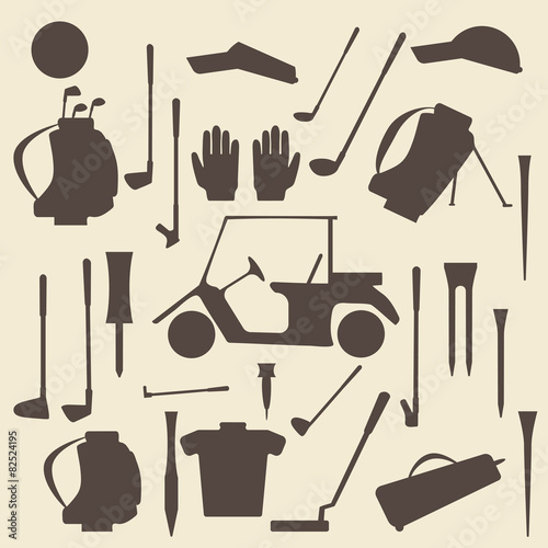 Golf sport items silhouette icon set.  Driver, wood, iron, wedge