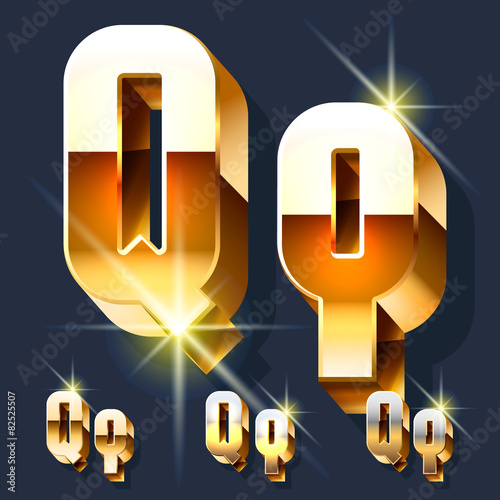 Vector set of gold shiny 3D alphabet. Letter Q