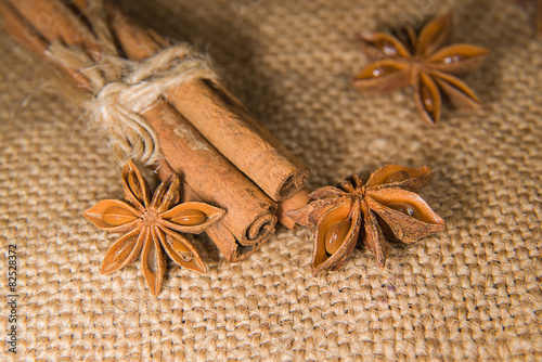 Star anise and cinnamon sticks on old cloth