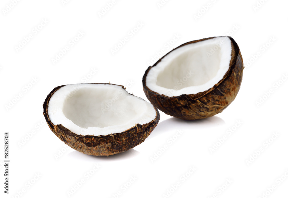 mature coconut for oil preparing and coconut milk on white backg