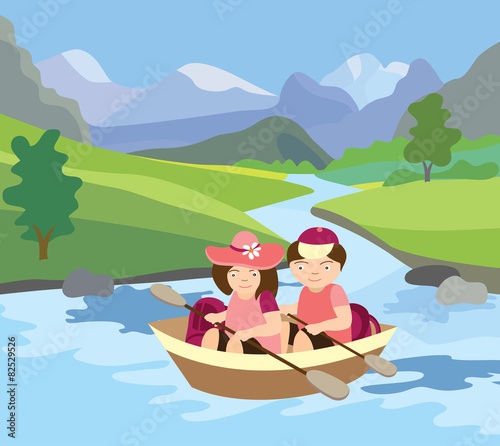 river, meadow and beautiful landscape (vector illustration)