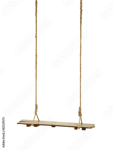 Shabby wooden swing with rope on white background.