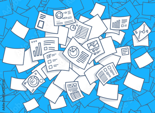 Vector illustration of set of flying financial documents with ch