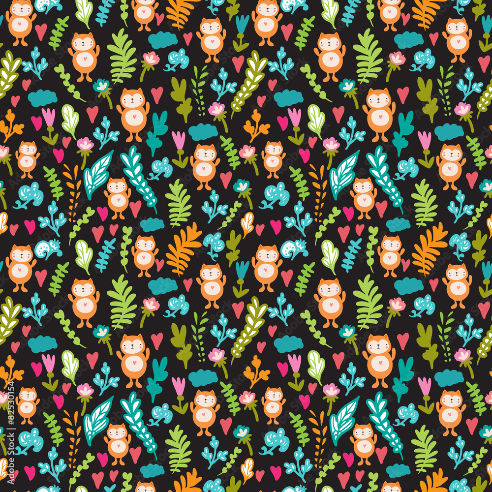 cute seamless vector pattern with plants flower and fox cute seamless vector pattern with plants flower and fox