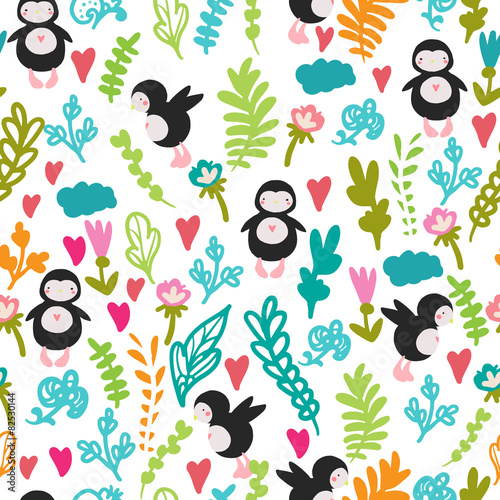 cute seamless vector pattern with plants flower and penguin