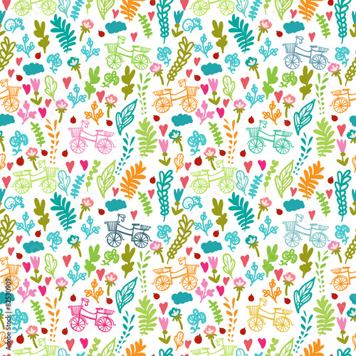 Vector seamless pattern with flowers, leaf, heart, and bicycle © vavavka