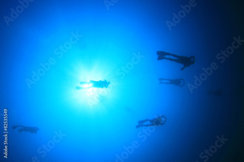 Wallpaper Mural Scuba diving underwater: divers silhouette and sun Torontodigital.ca