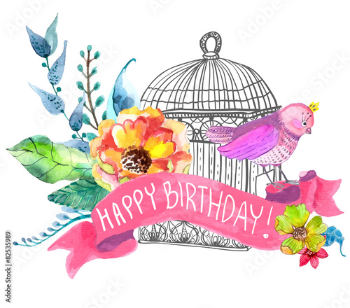 Watercolor flowers and bird cage