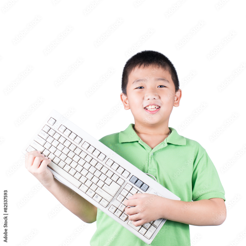 Cute boy with keyboard isolated on white background Cute boy with keyboard isolated on white background