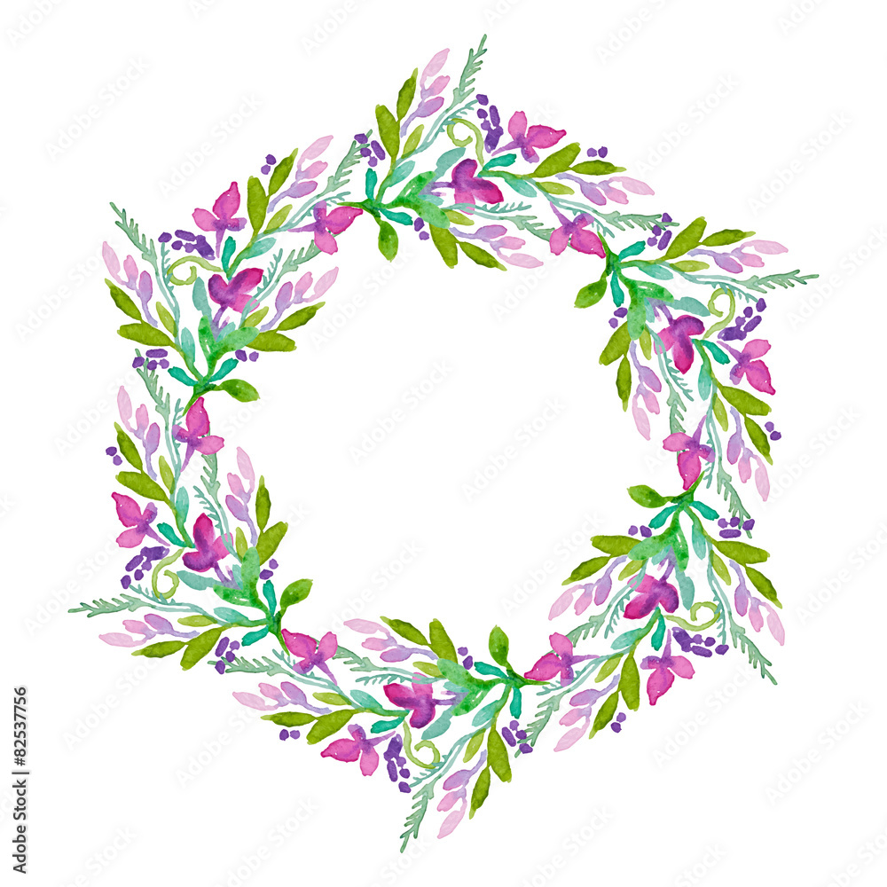 Vector round frame with watercolor  flowers.