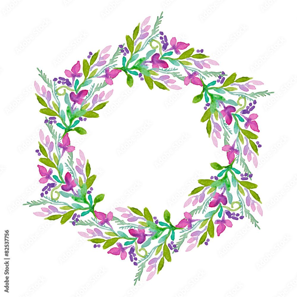 Fototapeta premium Vector round frame with watercolor flowers.