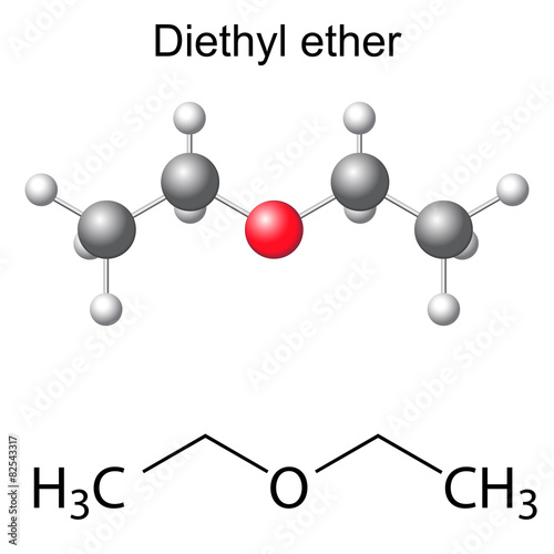 Structural chemical formula and model of diethyl ether molecule