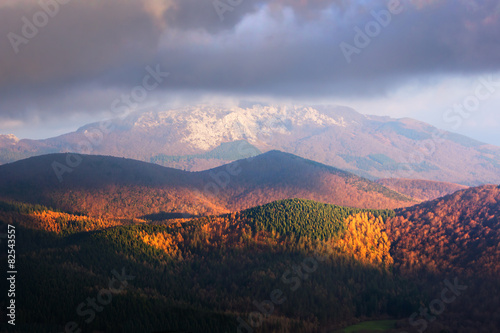 foggy mountains at sunset photo