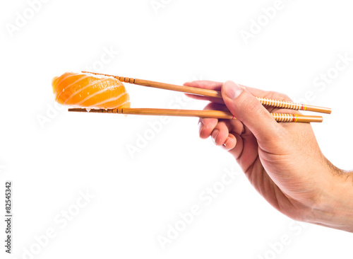 hand holding sushi with chopsticks