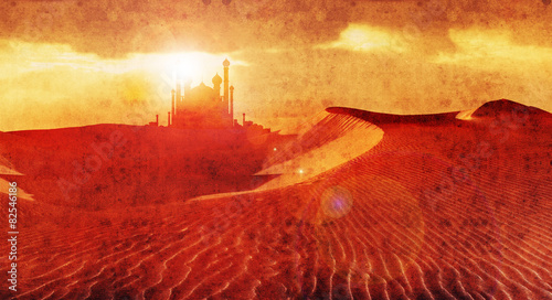 mysterious aladdin style palace in desert