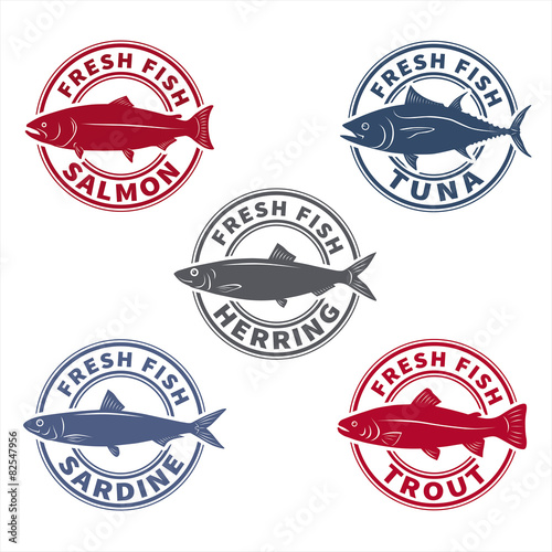 Fish labels set 5 (rubber stamp stylized). Vector 