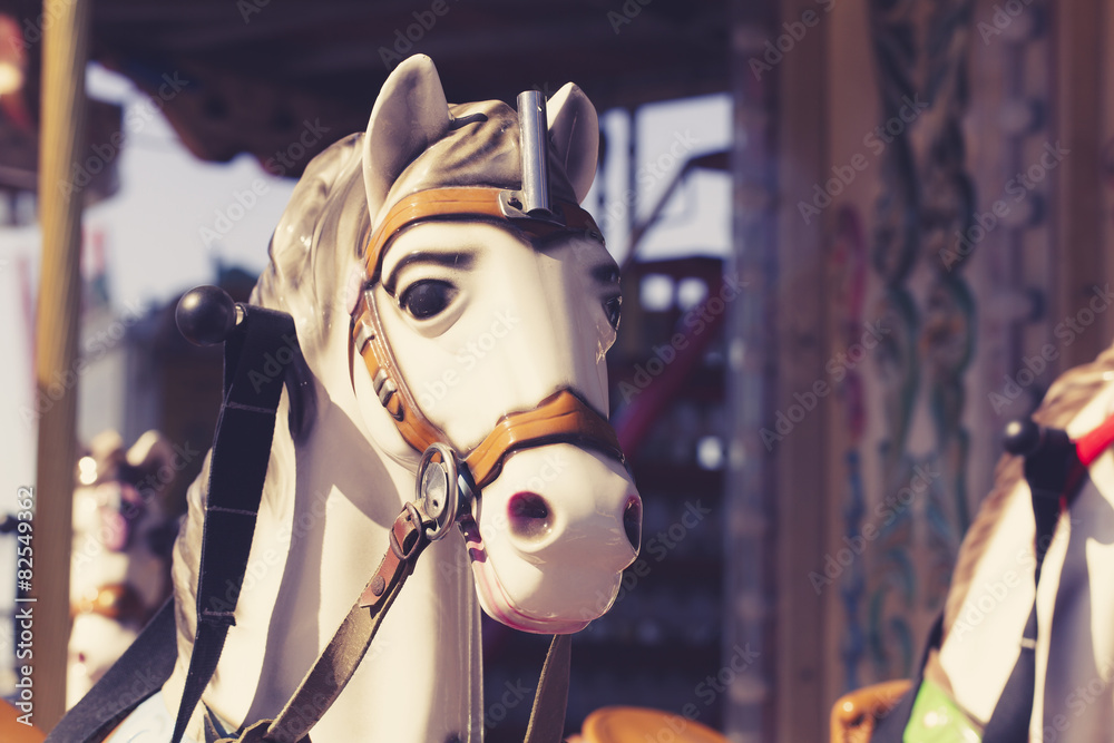 Close up of carousel horse. Vintage style.