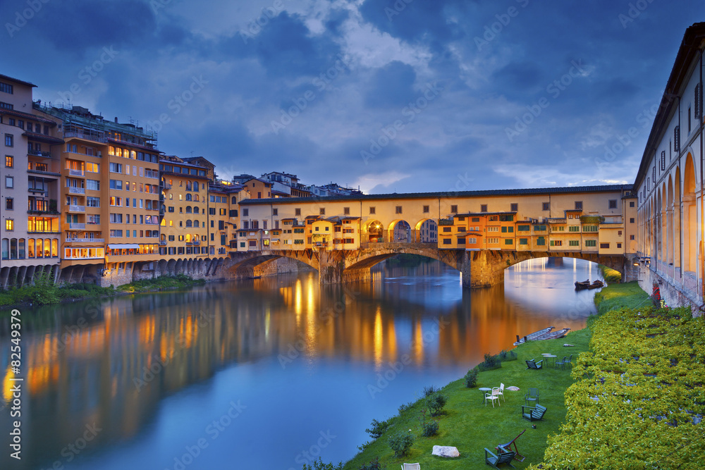 Florence. Image of Ponte Vecchio in Florence, Italy  at dusk.