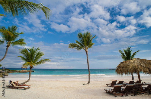 Fototapeta Naklejka Na Ścianę i Meble -  Palm and tropical beach in Tropical Paradise. Summertime holiday