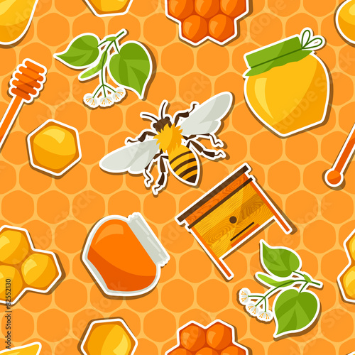 Seamless pattern with honey and bee stickers