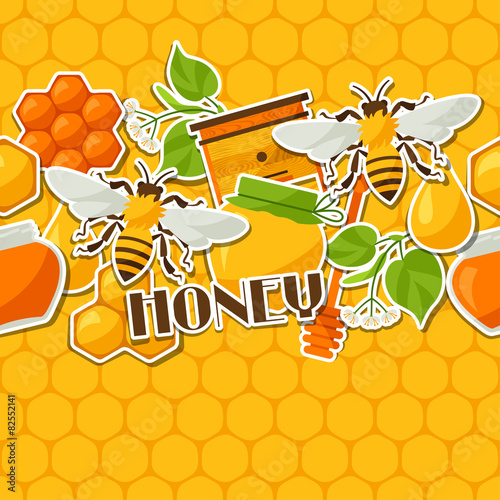 Fototapeta Naklejka Na Ścianę i Meble -  Seamless pattern with honey and bee stickers