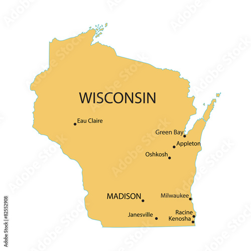 yellow map of Wisconsin with indication of largest cities