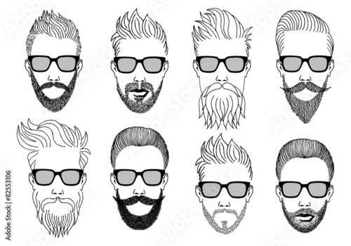 hipster faces with beard and mustache, vector set