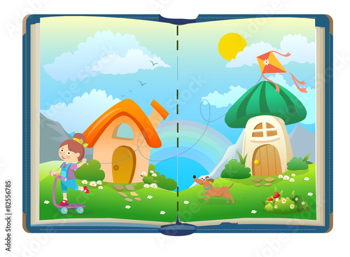 Open book about funny girls and magical world