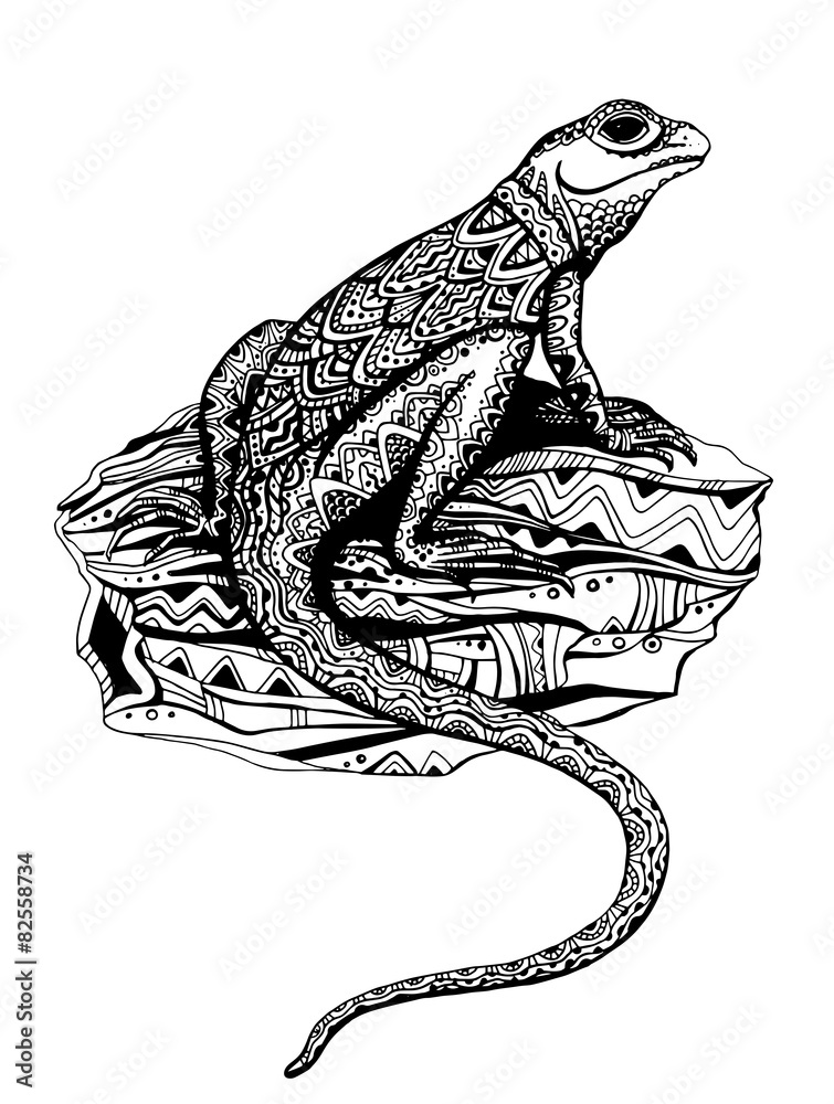 Naklejka premium Ornate lizard with ethnic pattern in black and white graphic sty