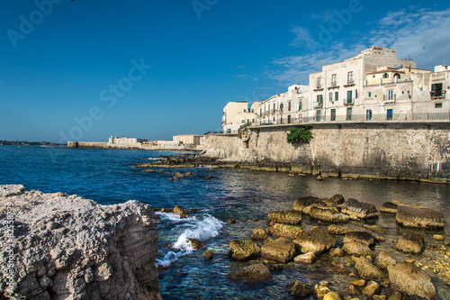 View of Syracuse, Ortiggia, Sicily, Italy, houses facing the sea