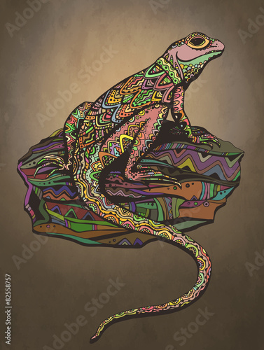 Ornate lizard with ethnic pattern. Rich colored reptile.