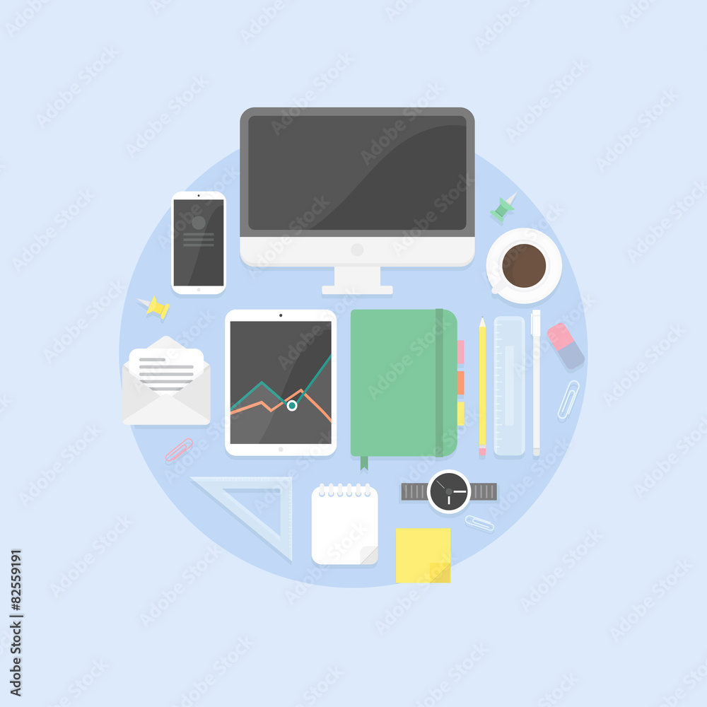 Flat design objects, productive office workplace Flat design objects, productive office workplace