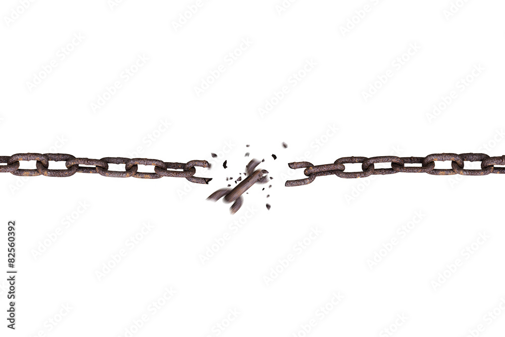 Broken rusty iron chain isolated on white