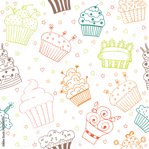 Seamless pattern with hand drawn cupcakes