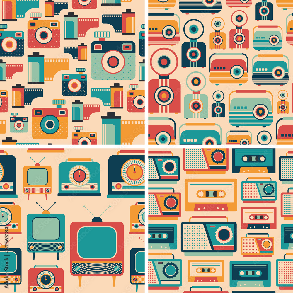 Colorful set of media retro seamless patterns. Colorful set of media retro seamless patterns.