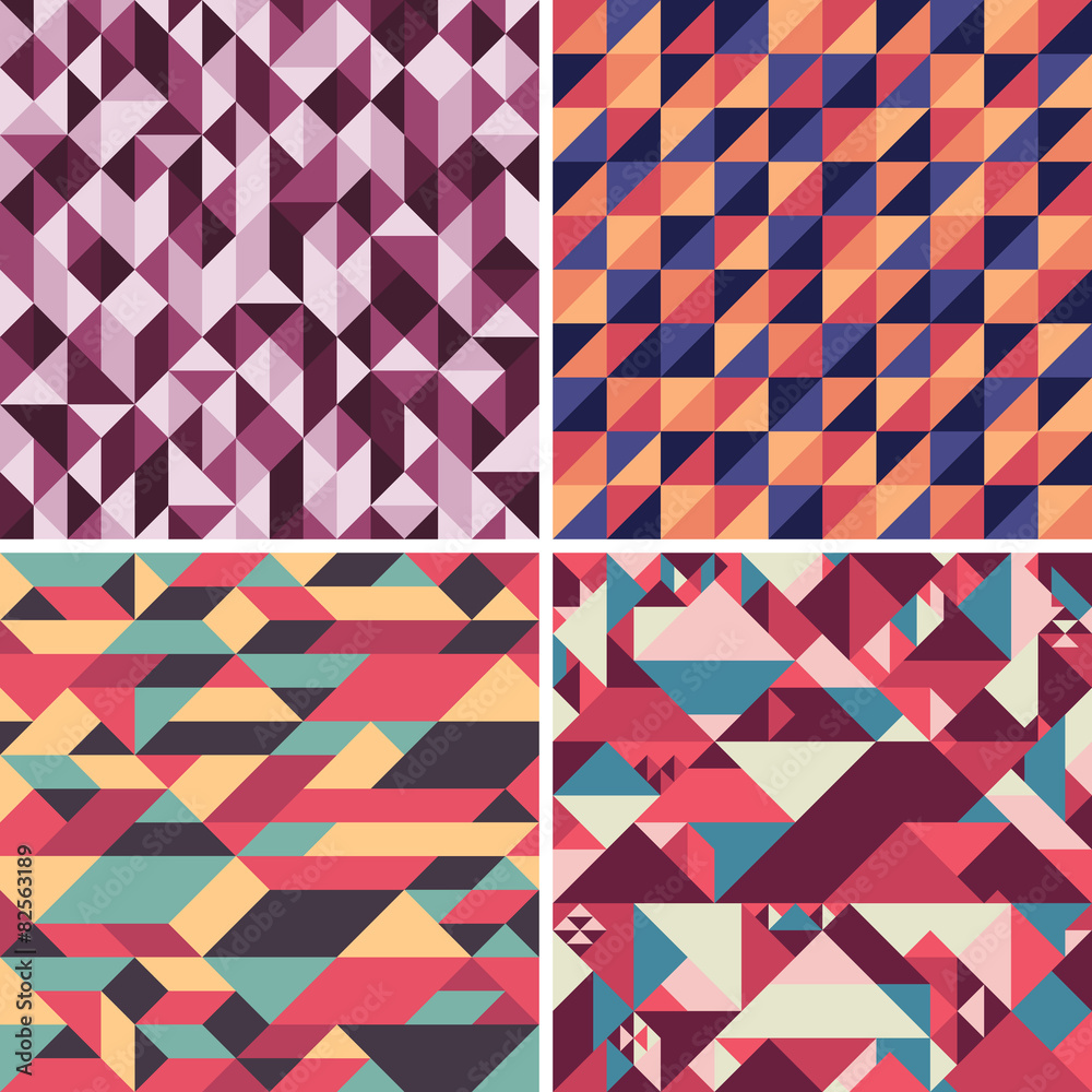 Set of colorful geometric seamless patterns with triangles. Set of colorful geometric seamless patterns with triangles.