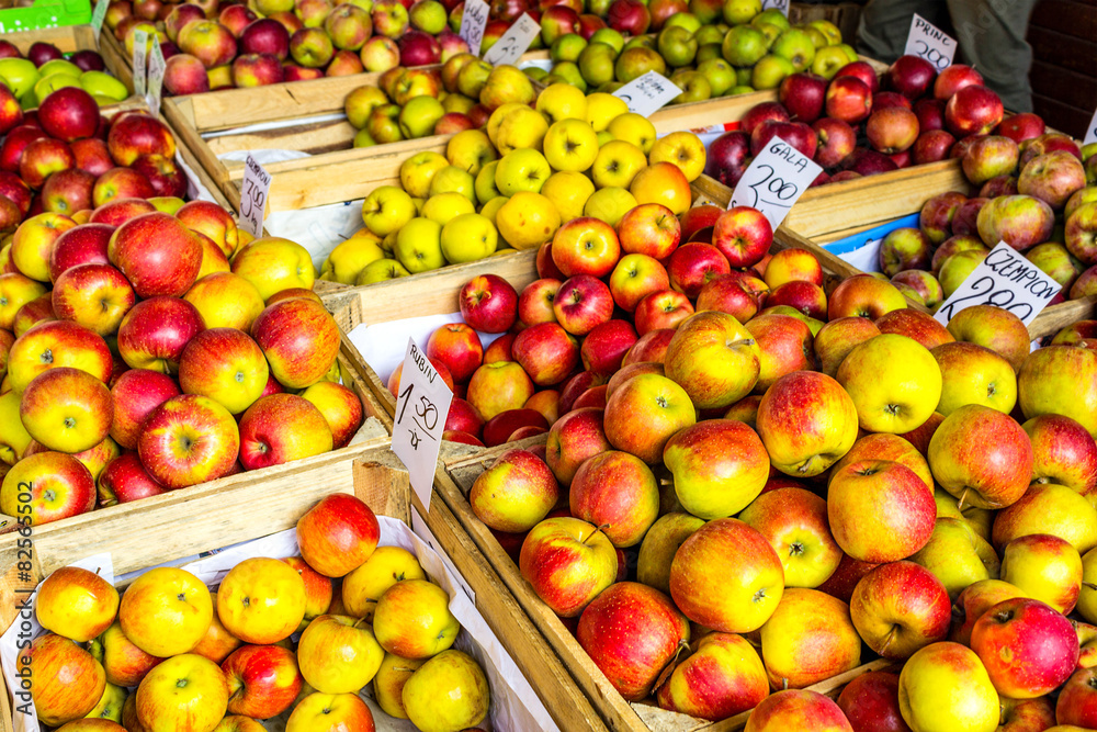 Fresh apples stand at the city market, Krakow, Poland Fresh apples stand at the city market, Krakow, Poland