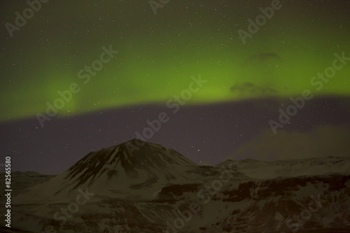 Northern lights with snowy mountains in the foreground