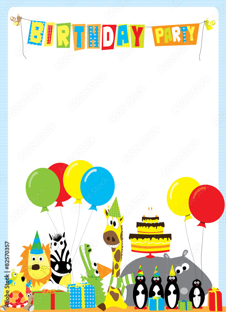 Naklejka premium Birthday party invitation with funny wild animals 