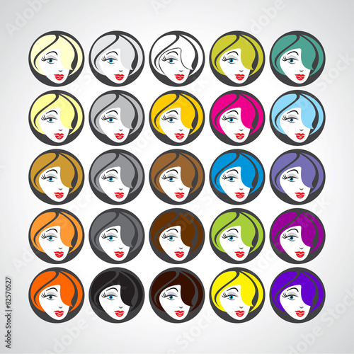 large set of beautiful female face girl different colors