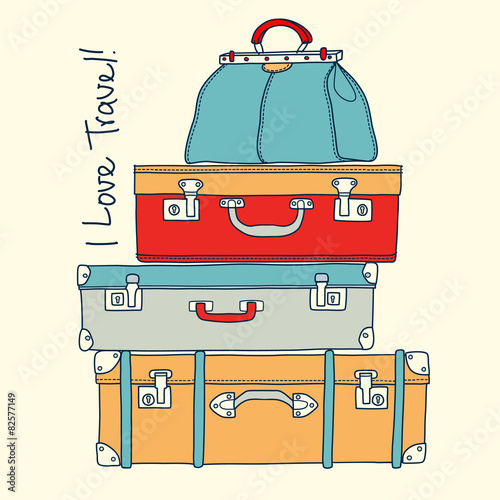 I love travel. Travel concept with vintage suitcases in vector