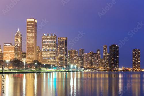Downtown Chicago across Lake Michigan at sunset USA