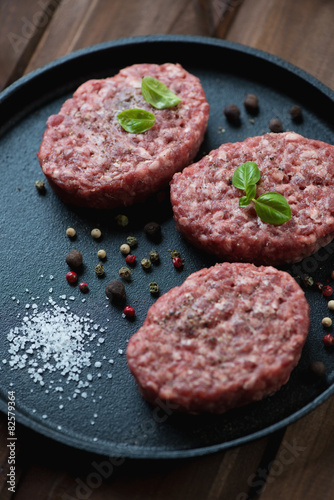 Raw cutlets made of ground beef with spices, close-up