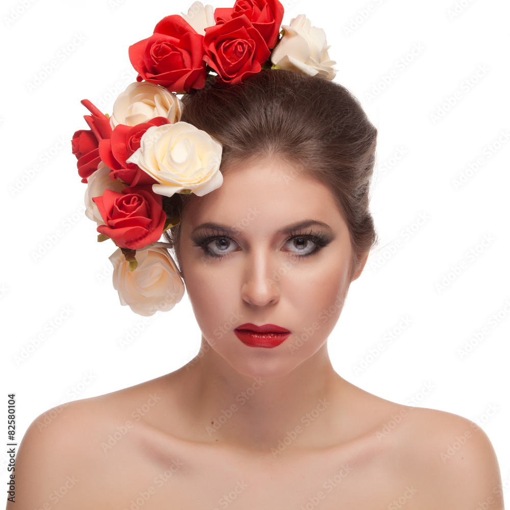 Beauty portrait of girl with flowers in head Beauty portrait of girl with flowers in head