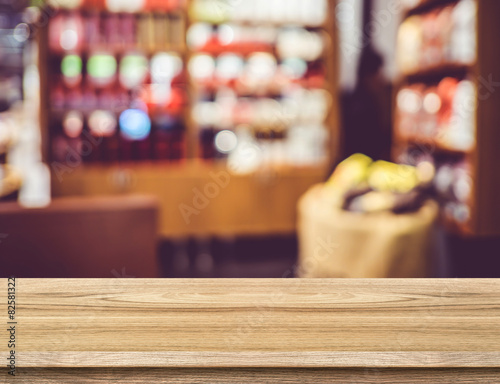 Empty wood table and blurred restaurant background. product disp