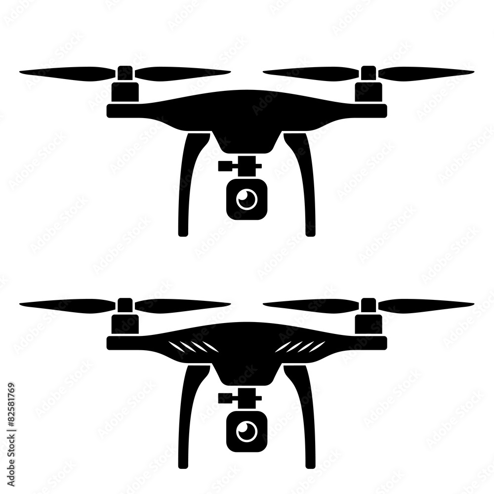 vector rc drone quadcopter with camera black symbol - obrazy, fototapety, plakaty 